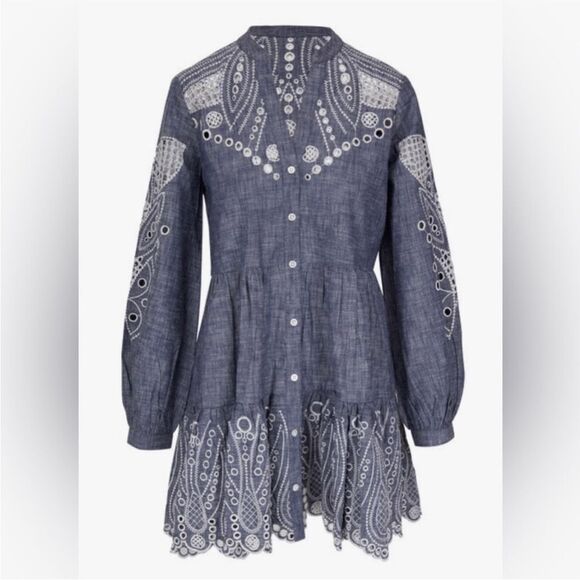 VERONICA BEARD Ariana Mini Dress blue chambray eyele tiered Embroidered Sz 2 NWT - Picture 1 of 17